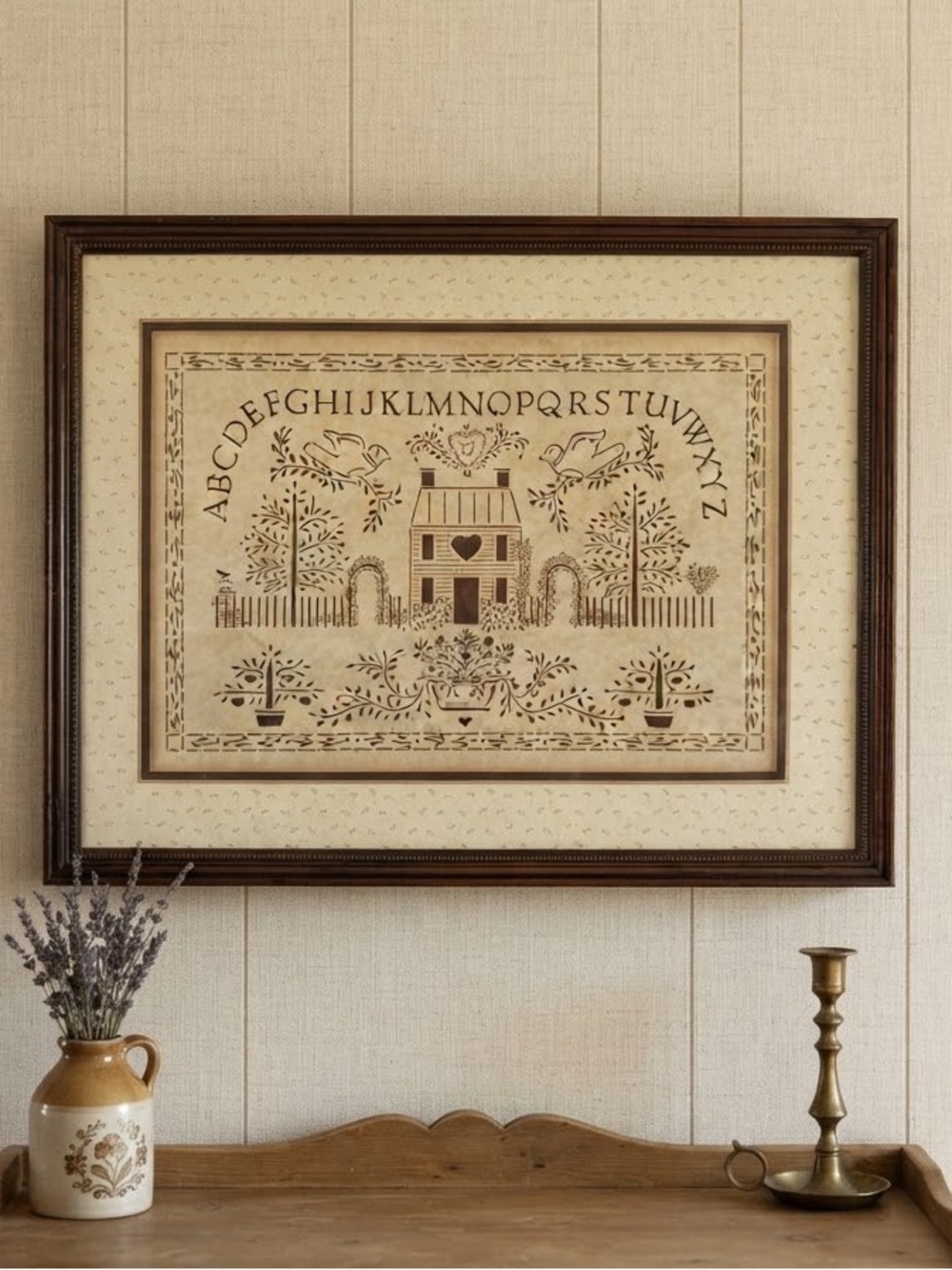 Vintage Figi Graphics Framed Sampler Wall Art Folk Art House ABC Birds